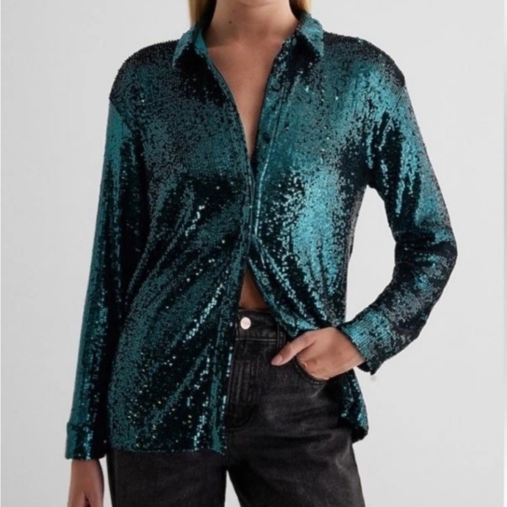 Express Women’s Teal Sequin Button Up Shirt NWT- Size Small